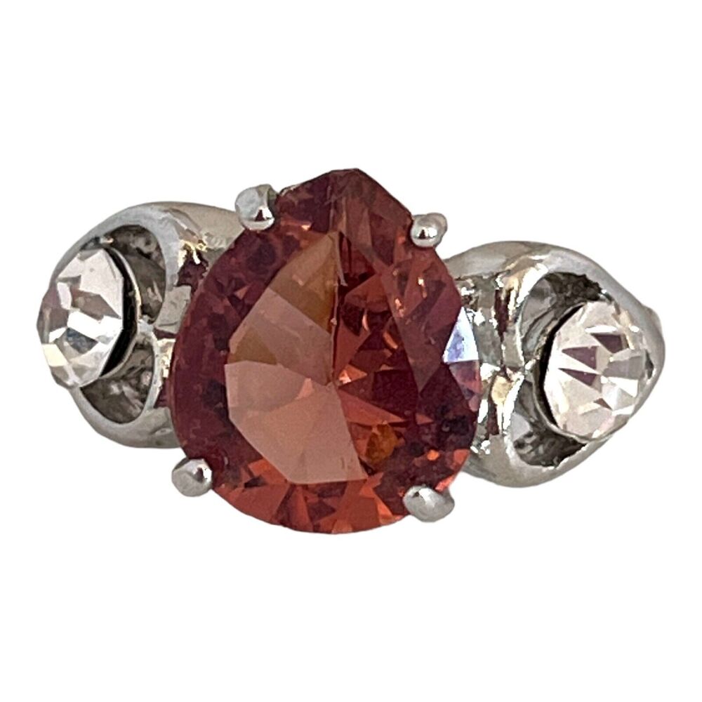 Vintage 1980s Pear Shape Crystal Ring Clear Rhinestone Silver Tone Size 7 - 5Z